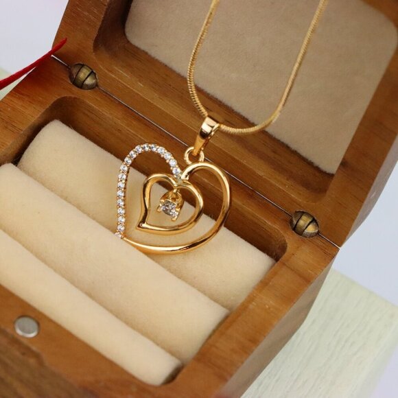 "Elegant Rose Gold Double Heart Pendant with Dangling CZ Stone, XPPT1378 - Picture 7 of 13